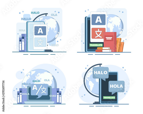 Online translation set featuring language conversion, digital translator tools, multilingual communication and text interpretation for modern websites and applications in flat cartoon style