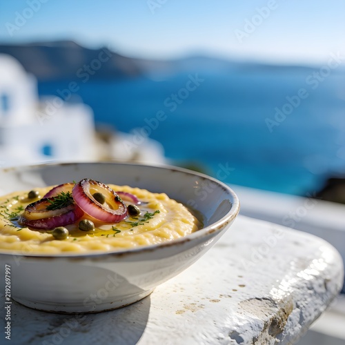 Traditional Greek Fava with Onion and Olive Oil on Cycladic Terrace