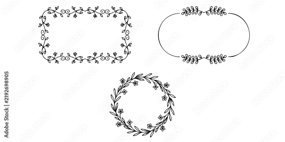 Fototapeta premium Hand drawn botanical wreath and floral frame set with vintage style leaves and flourishes for design