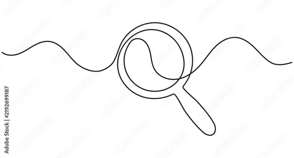 Obraz premium Magnifying glass continuous line art, single line search tool, discovery finding concept, editable stroke outline vector