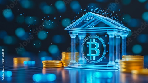 Digital bitcoin banking concept with cryptocurrency symbol and glowing financial institution building