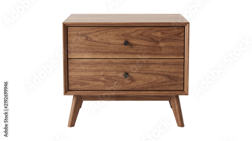 Mid Century Wooden Nightstand With Two Drawers.