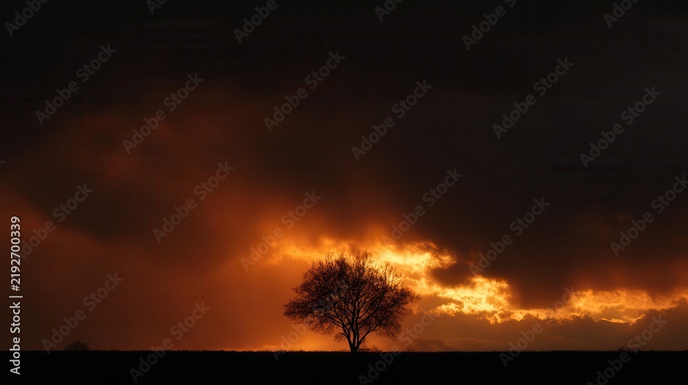 Fototapeta premium A lone tree silhouetted against a dramatic fiery sunset.