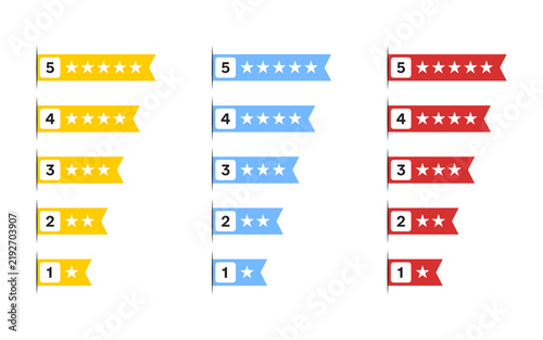 Collection of star rating badges in yellow, blue, and red colors