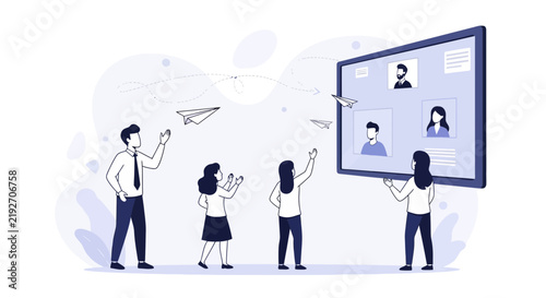 Diverse team collaborates remotely, sending ideas via paper airplanes to a large screen displaying profile pictures.