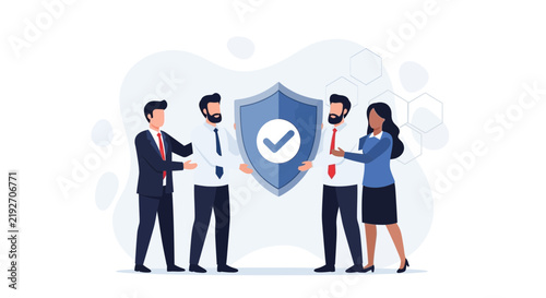 Diverse team collaborates to protect a shield with checkmark, symbolizing security, trust, and successful business operations.