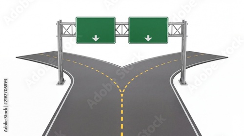 Blank road sign hanging over highway fork diverging into two directions isolated on white background