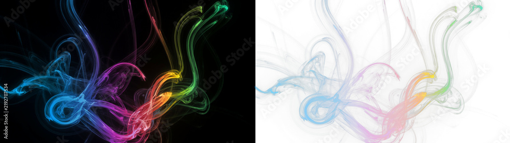 Obraz premium Abstract colorful smoke trails flowing in a dynamic swirl pattern, vibrant glowing light waves on black and transparent backgrounds