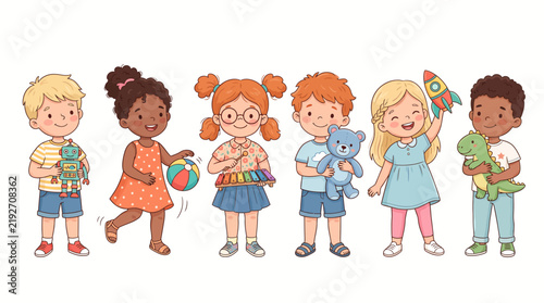 A charming horizontal collection of 6 diverse children standing.