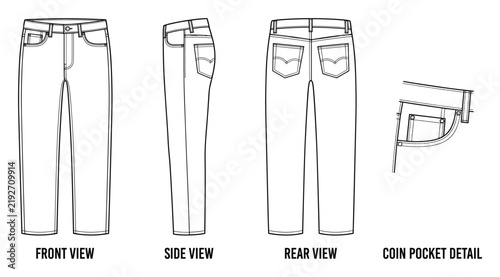 Blue jeans from front side and rear view with coin pocket detail.