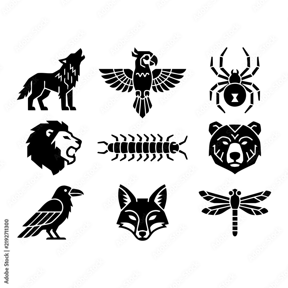 Fototapeta premium A collection of nine black animal icons in a graphic, tribal style, including a wolf, eagle, spider, and bear.