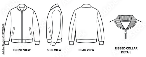 Mens bomber jacket front side rear views and ribbed collar detail isolated on white.