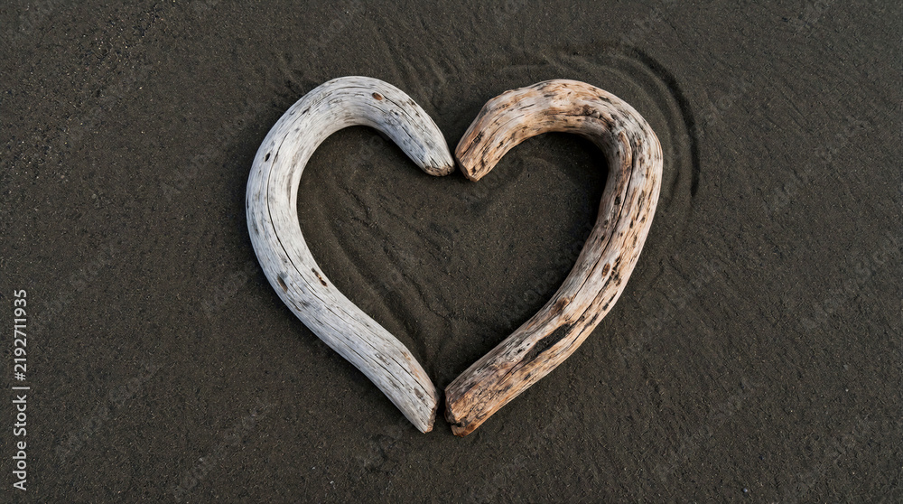 Obraz premium Heart shape formed by two smooth driftwood pieces, one worn smooth and one rough, resting on dark sand