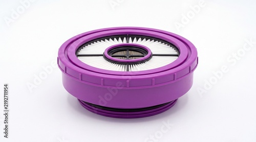Circular purple vacuum cleaner replacement filter with pleated white paper elements resting on white background