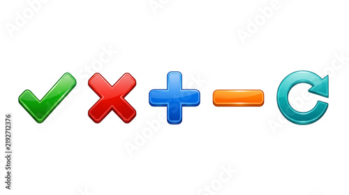 Glossy colorful web interface icons including green check mark red cross mark blue plus sign orange minus button and cyan refresh arrow symbols