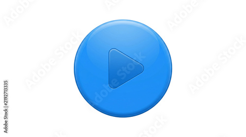 Blue glossy round play button icon isolated on white background for multimedia applications video interface and interactive web elements design