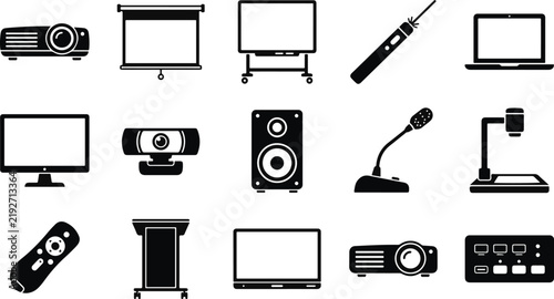 Set of black and white icons representing various multimedia presentation equipment and audiovisual classroom technology tools