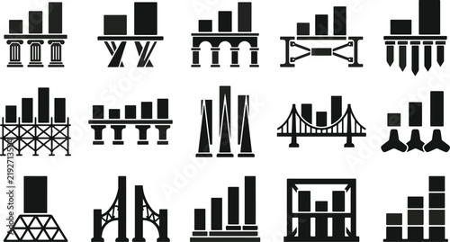 A collection of various bridge icons featuring different architectural styles and structural designs for engineering and construction projects