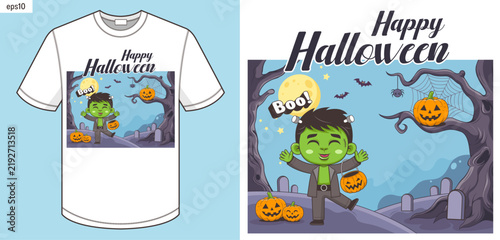 Cute Halloween cartoon t shirt design featuring an adorable child and pumpkin background, hand drawn line art illustration for fashion prints, crafts, stickers, sublimation and transfer  printing desi