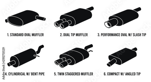 Six black silhouette exhaust muffler designs on a white background