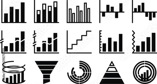 A collection of various business data visualization icons including bar charts graphs funnels and circular diagrams