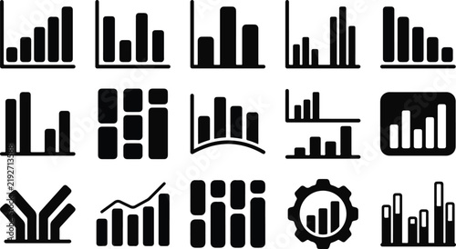A collection of various bar chart and data visualization icons isolated on a white background for business analysis