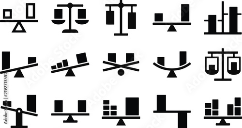 Set of black and white icons showing scales and bar charts representing financial balance and data comparison concepts