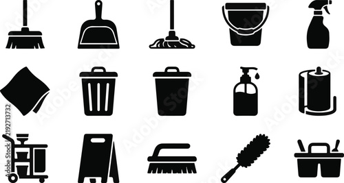 Set of black and white cleaning service icons representing various household tools and janitorial equipment for professional maintenance