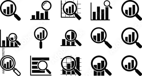 A collection of black and white data analysis icons featuring magnifying glasses over various business bar charts