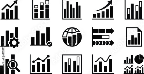 Set of black and white business graph and chart icons for data analysis and financial reporting design
