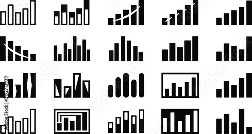 Collection of various black and white bar chart icons representing business data analysis and financial growth statistics