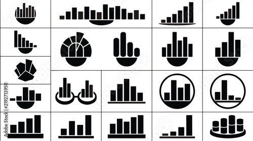 Collection of various black and white bar chart icons and data visualization elements for business and financial reports