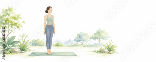 Peaceful Yoga Practice, Meditation, Stretching and Mindful Wellness Lifestyle in Minimalist Watercolor Illustration
