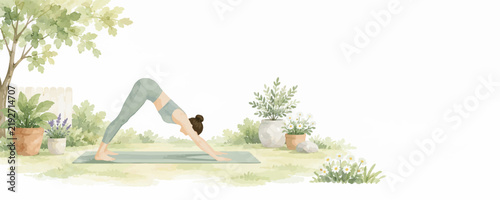 Peaceful Yoga Practice, Meditation, Stretching and Mindful Wellness Lifestyle in Minimalist Watercolor Illustration