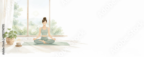Peaceful Yoga Practice, Meditation, Stretching and Mindful Wellness Lifestyle in Minimalist Watercolor Illustration