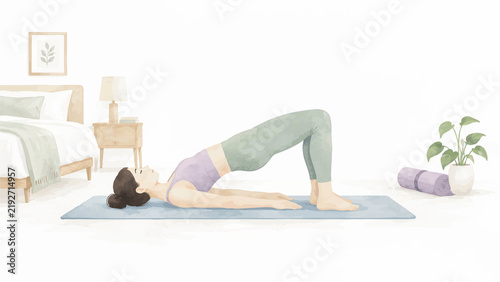 Peaceful Yoga Practice, Meditation, Stretching and Mindful Wellness Lifestyle in Minimalist Watercolor Illustration