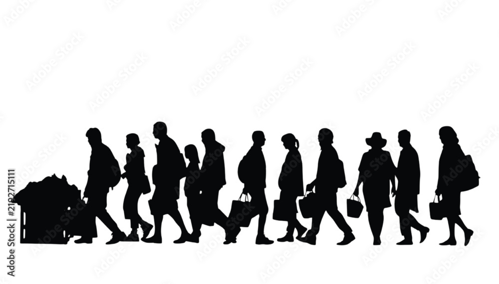 Obraz premium Silhouettes of diverse people walking in a line carrying shopping bags and packages against a clean white background illustrating a busy retail crowd during a seasonal shopping event sale.