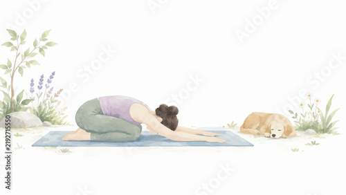 Peaceful Yoga Practice, Meditation, Stretching and Mindful Wellness Lifestyle in Minimalist Watercolor Illustration