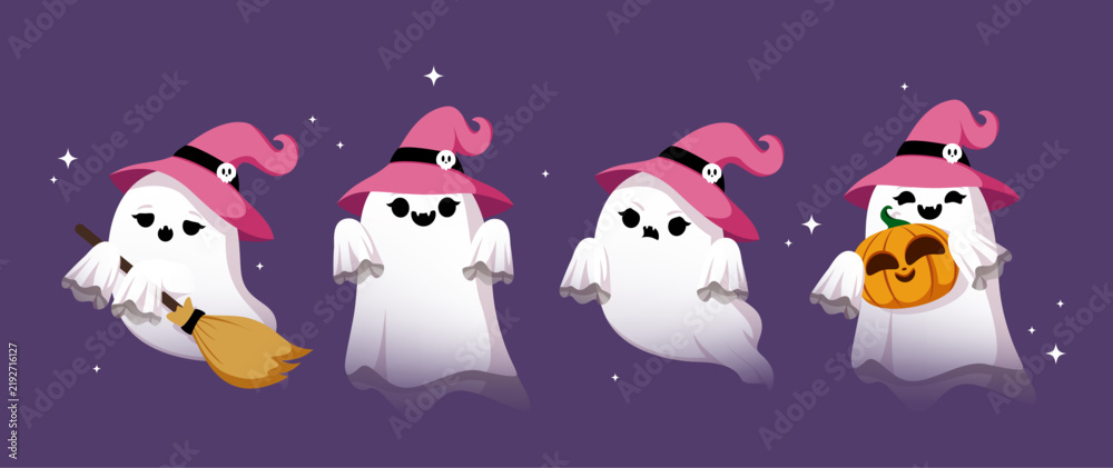 Obraz premium Cute Witch Ghost Characters Halloween Clipart Set. Coquette Halloween ghost character collection wearing white and pink witch hats in different poses and expressions clip art on purple background 