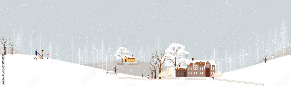 Obraz premium Seamless winter Christmas landscape with snow, forest, village houses and family, festive holiday countryside background with snowy trees,Vector illustration seasonal nature New Year 2027 banner
