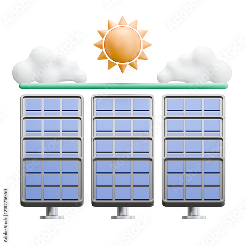 3D render of a solar farm setup with solar panels under the sun and clouds isolated on black background, depicting renewable energy field production system.