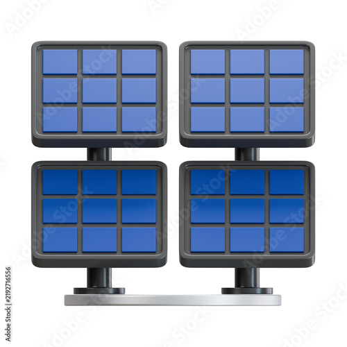 3D rendering of multiple solar panel arrays isolated on a black background, representing photovoltaic power generation and green energy technology concepts.