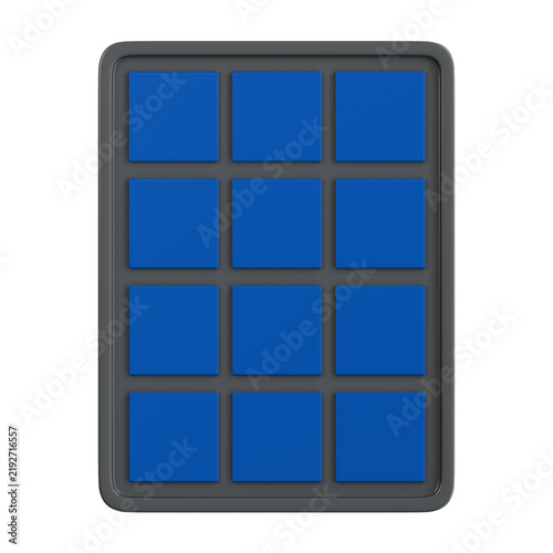 3D model of a sleek solar panel module with grid cells isolated on black background, representing modern photovoltaic renewable energy collector hardware design.