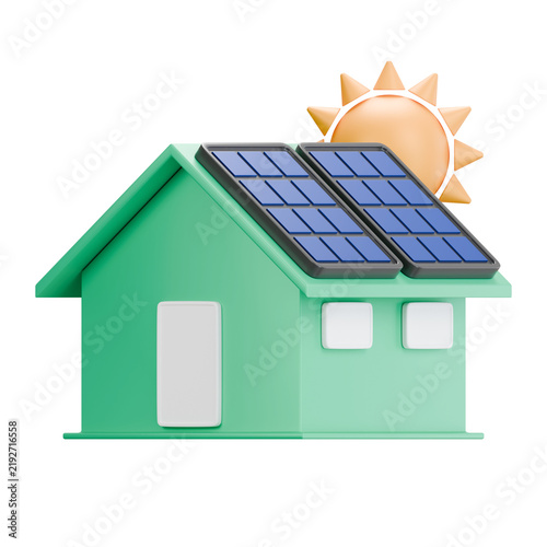 3D icon of a green eco-friendly house with solar panels on the roof under bright sun isolated on black background, representing residential renewable energy.