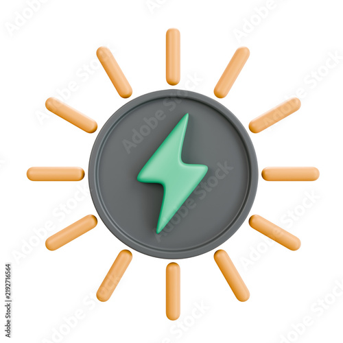 3D icon of a sun symbol with a green lightning bolt at its center isolated on black background, representing solar energy generation and sustainable power concepts.