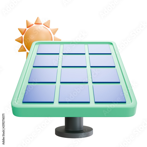 3D rendering of a solar panel standing on a mount facing the sun isolated on black background, symbolizing solar power generation and green technology solution.