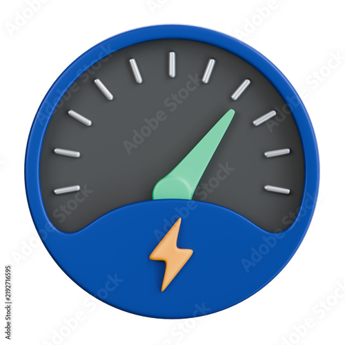 3D illustration of a voltage gauge meter with a green needle and lightning symbol isolated on black background, depicting power measurement and energy level.