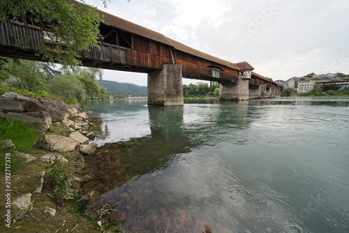 The old wooden bridge in europe over the Rhine river connects Germany (Bad Säckingen) and Switzerland (Stein). 
