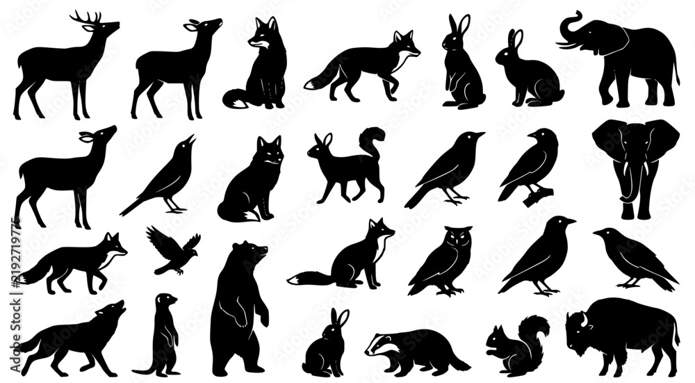 Obraz premium Set of diverse wild animal silhouettes featuring various species isolated on white background vector