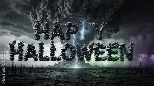 Dramatic 'Happy Halloween' text in smoky, dark letters against a stormy sky with lightning and a mushroom cloud, creating a spooky and apocalyptic scene.